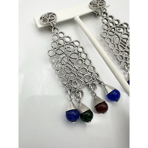 Vintage Silver Crown Trifari Filigree Glass Beaded Clip On Drop Earrings - Picture 4 of 8